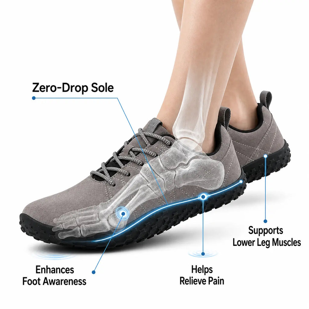 Baskets de randonnée barefoot orthopédiques en daim, bout large – unisexe